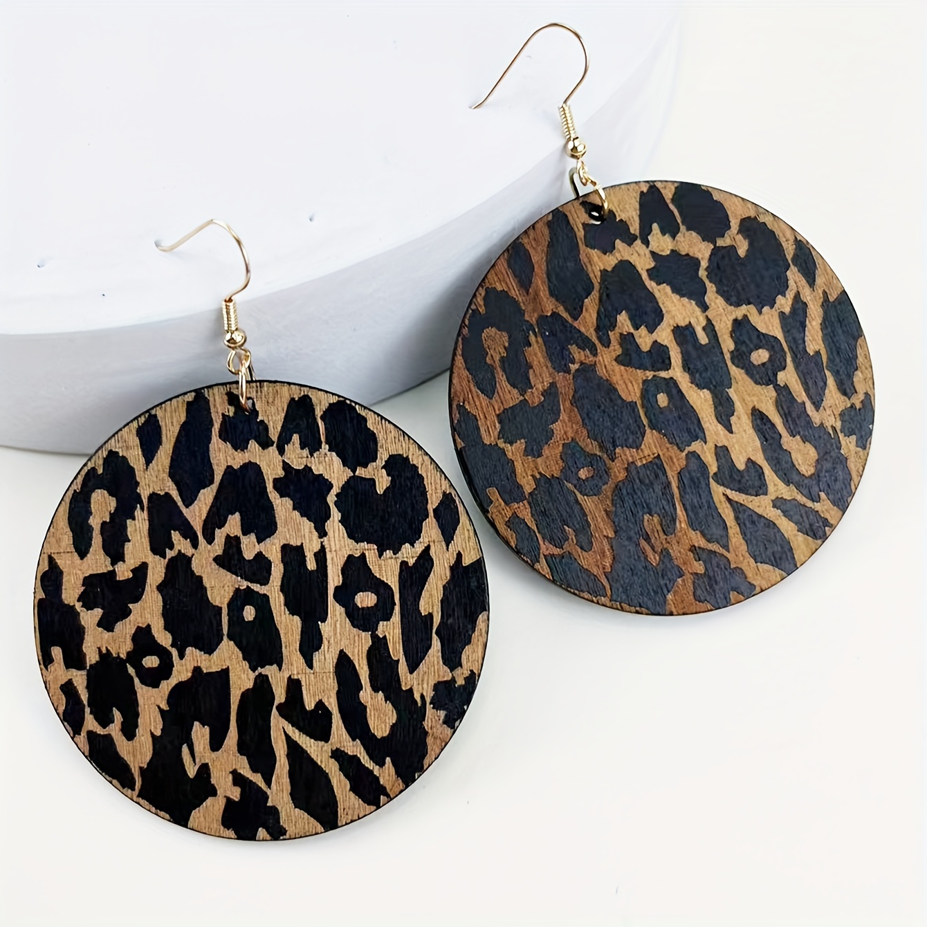 Leopard Print Wooden Dangle Earrings Vintage Style Hooks